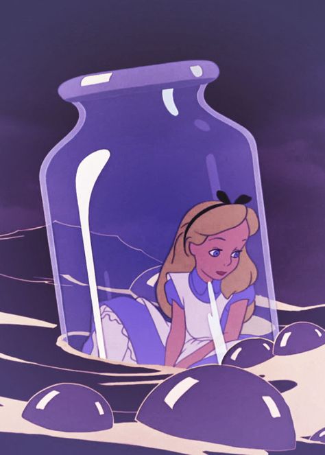 Alice in a bottle Alice In Wonderland Aesthetic, Vintage Cartoons, Dark Purple Aesthetic, Purple Wallpaper Iphone, Purple Walls, Picture Collage Wall, Disney Aesthetic, Disney Alice, Photo Wall Collage