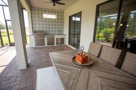 Custom Outdoor Kitchen And Tile Wall In Tampa - Just Grillin Outdoor Living Outdoor Kitchen Against House Wall, Outdoor Kitchen Tile, Outdoor Kitchen Backsplash, Outdoor Kitchen Backsplash Ideas, Bar Tile, Tile Accent Wall, Patio Grill, Outdoor Kitchen Design Layout, Small Sink