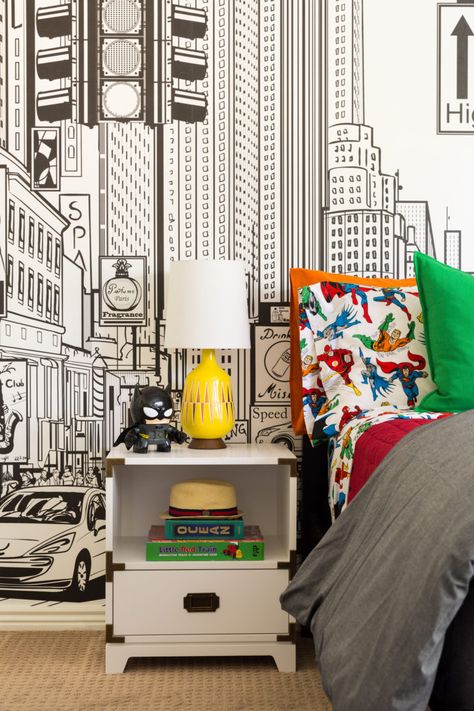 7 of The Cutest Big Boy Rooms Inspiring Me Right Now | This is our Bliss Super Hero Kids Room, Modern Boys Rooms, Superhero Bedroom, Superhero Room, Chrysler Building, Boys Bedroom Decor, Toddler Bedrooms, Sticker Mural, Big Boy Room