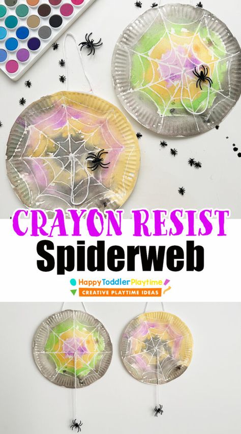 Crayon Resist Spiderweb - Happy Toddler Playtime Spider Activities Preschool, Art Toddlers, Halloween Fun For Kids, Halloween Paper Decorations, Spider Activities, Easy Kid Activities, Craft Halloween, Suncatcher Craft, Fun For Kids