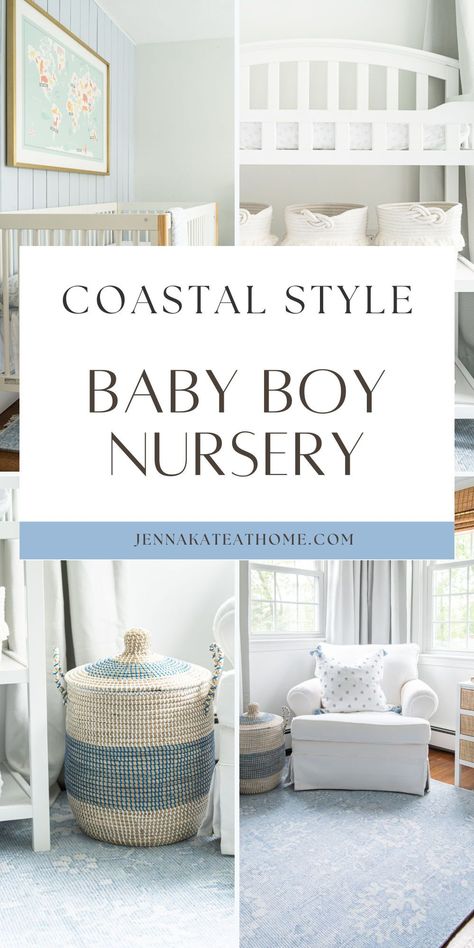 A simple coastal inspired blue and white nursery for a baby boy. With furniture and accessories kept to a minimum, this small room feels much larger and brighter. Ocean Blue Nursery, Baby Boy Nursery Ocean Theme, Subtle Nautical Nursery, Coastal Boy Nursery, Boy Nursery Nautical, Nautical Neutral Nursery, Coastal Nursery Boy Artwork, Light Blue Nursery, Nautical Nursery Boy