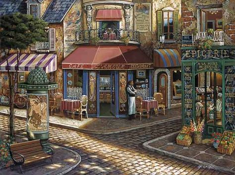 John O'Brien - Cafe L'Amour Pintura Exterior, 8bit Art, Cafe Art, City Street, Naive Art, Art Wallpaper, Beautiful Art, Art Nouveau, Decoupage