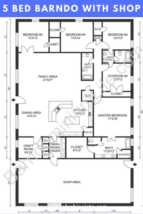 Get Inspired with these barndominium floor plan ideas!  This 5 bed barndominium floor plan is perfect for larger families. This spacious layout has a huge workshop on one end of the home, plus a separate craft room with dedicated closet space. Mom and dad can both have their own places to play with a layout like this, plus there’s still plenty of space for the kids with open family areas and generous bedroom sizes. Barndominium Ideas Layout, Bedroom Sizes Layout Floor Plans, Dads House Aesthetic, Huge Barndominium Floor Plans, House On 5 Acres, 1.5 Story Barndominium, House Plans With Craft Room, One Floor Barndominium, 6 Bedroom Barndominium Floor Plans 2 Story