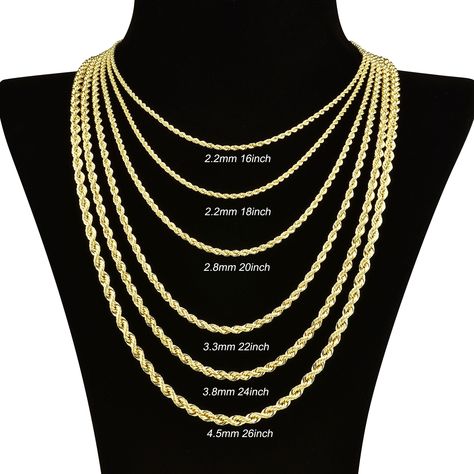 Gold Rope Chain For Men, Men Gold Chain Design Latest, Mens Rope Chain, Chain Length Chart, Rope Chain Necklace Gold, Italian Gold Chain, Gold Rope Necklace, Men's Necklace Gold, Painless Tattoo