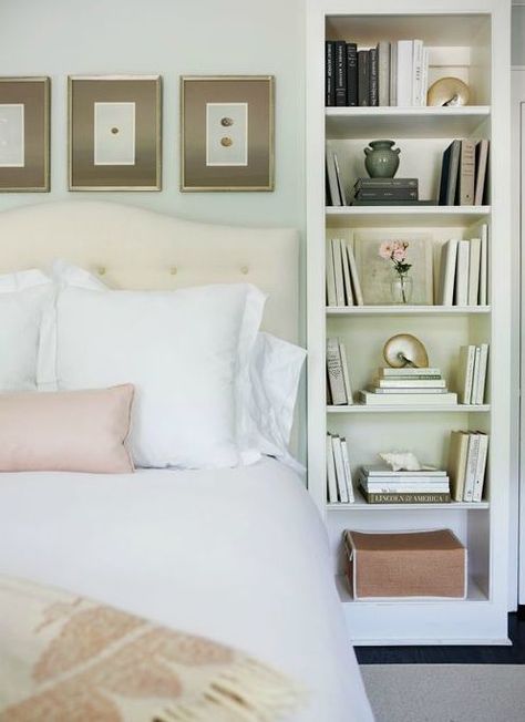 Tall bookcase framing bed Nightstand Alternative, Bookshelf Headboard, Serene Bedroom, Built In Bookcase, Traditional Bedroom, Apartment Inspiration, Beautiful Bedrooms, Book Shelf, My New Room