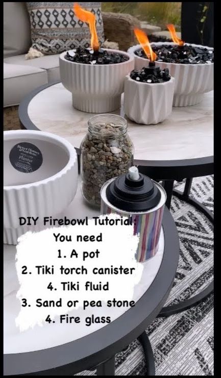 Tiki Torch Planter Diy, Tiki Torch Planter Ideas, Tiki Torches In Planters, Table Top Tiki Torch Diy, Diy Tiki Torch Fire Bowl, Tiki Torch Planter, Tabletop Fire Bowl, Tabletop Firepit, Outside Patio