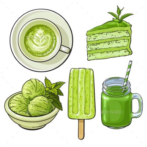 Hand drawn food with matcha green tea ¨C ice cream, cake, drinks, sketch vector illustration isolated on white background. Hand dra Merchandise Designs, Drawn Food, Desserts Drawing, Green Snacks, Green Tea Ice Cream, Dessert Illustration, Cake Vector, 귀여운 음식 그림, Food Sketch