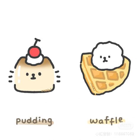 Waffles Drawing Doodles, Cute Waffle Drawing, Pudding Doodle, Cute Boba Drawing, Muffin Doodle, Pudding Drawing, Waffle Drawing, Squishy Making, Object To Draw