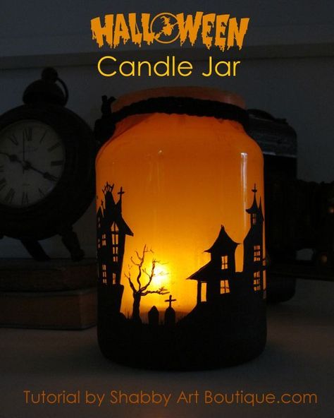 I made this quick and easy Halloween Candle Jar for our office and I’m sharing the instructions with you, so you too can throw some illumination on your Hallowe… Jars Crafts, Shabby Art Boutique, Mason Jar Christmas Crafts, Halloween Jars, Halloween Tablescape, Halloween Bottles, Decoupage Ideas, Ornaments Homemade, Halloween Candle