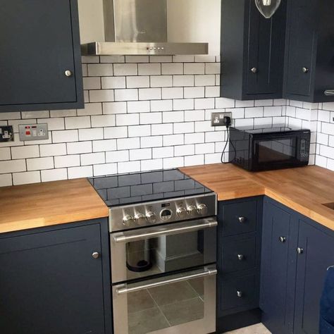 Navy Kitchen Oak Worktop, Shaker Kitchen Wooden Worktops, Navy Kitchen Wooden Worktop, Blue Kitchen Wooden Worktop, Navy And Wood Kitchen, Blue And Wood Kitchen, Wooden Worktop Kitchen, Wood Worktop Kitchen, Wood Kitchens