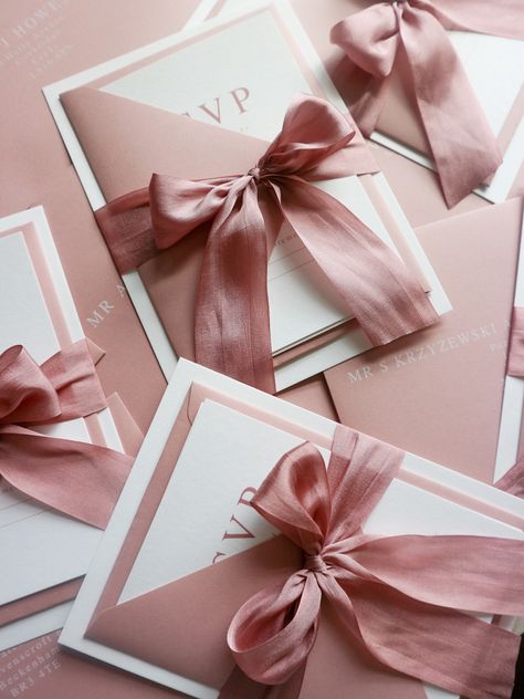 Wedding Invitations Pink And White, Wedding Invitation 2023 Trend, Wedding Invitations With Bow, Wedding Invitations Ribbon, Wedding Invitations With Ribbon, Dusty Pink Wedding Invitations, Rose Invitations, Wedding Invitations Pink, Ribbon Invitation