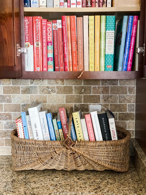 How I Organize Cookbooks Cookbook Storage In Kitchen, Countertop Cookbook Storage, Cookbook Organization Storage, Cookbook Collection Display, Kitchen Cookbook Storage Ideas, Cookbook Storage In Pantry, Cookbook Storage Kitchen, Kitchen Bookshelf Ideas Cookbook Shelf, Cook Book Storage Ideas Kitchens