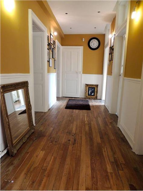 Farrow and Ball India Yellow. Yellow Hallway, Hallway Paint Colors, Best Bedroom Paint Colors, Hallway Colours, Hallway Inspiration, Dark Wood Floors, Farrow And Ball, Wooden Floors, Hallway Ideas Colour