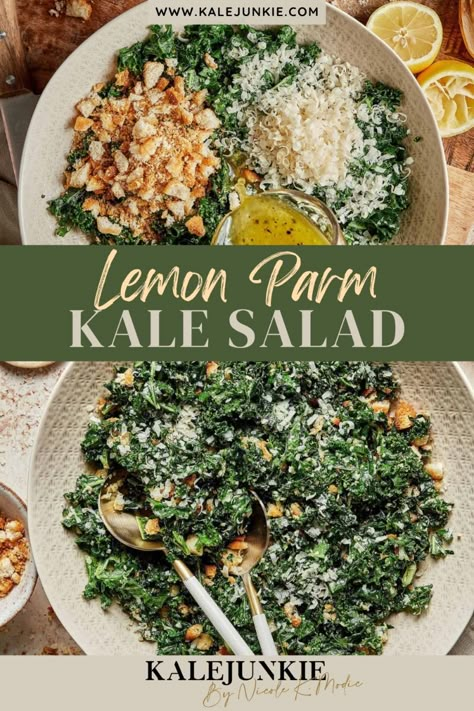 Lemon Parm kale salad is a simple and fresh salad that is easy to make in 15 minutes. The dressing is unbelievably easy to make up and oh so vibrant and delicious. The crouton crumbles on top add texture and flavor! This salad also happens to be healthy, gluten-free and grain-free. Crispy Chicken Kale Salad, Delicious Easy Salads, Yummy Kale Salad, Lemon Kale Salad Recipes, North Italia Kale Salad, Lemon Parm Kale Salad, Kale Salad Dinner, Kale Cilantro Salad, Kale Greek Salad Recipes