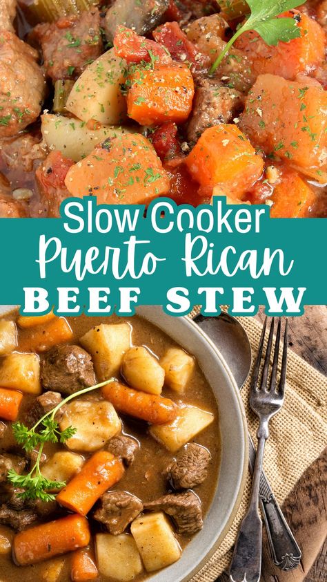 This delicious and simple Slow Cooker beef stew recipe is packed full of flavor! A delicious tropical spin on the classic beef stew recipe, make this Slow Cooker Puerto Rican Beef Stew Recipe and everyone will be begging for seconds! Comfort food at its best! Slow Cooker Spanish Beef Stew, Spanish Slow Cooker Recipes, Spanish Beef Stew Crock Pot, Puerto Rican Beef Stew Crockpot, Crockpot Puerto Rican Recipes, Puerto Rican Crockpot Recipes, Simple Slow Cooker Beef Stew, Beef Stew In Slow Cooker, Stew In Slow Cooker