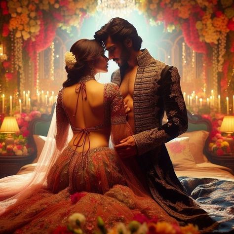 Wedding First Night Romance, Royal Couple Aesthetic, Indian Wattpad, First Night Romance, Indian Romance, Night Wedding Photos, Indian Culture And Tradition, Cute Love Photos, Cute Couple Dancing