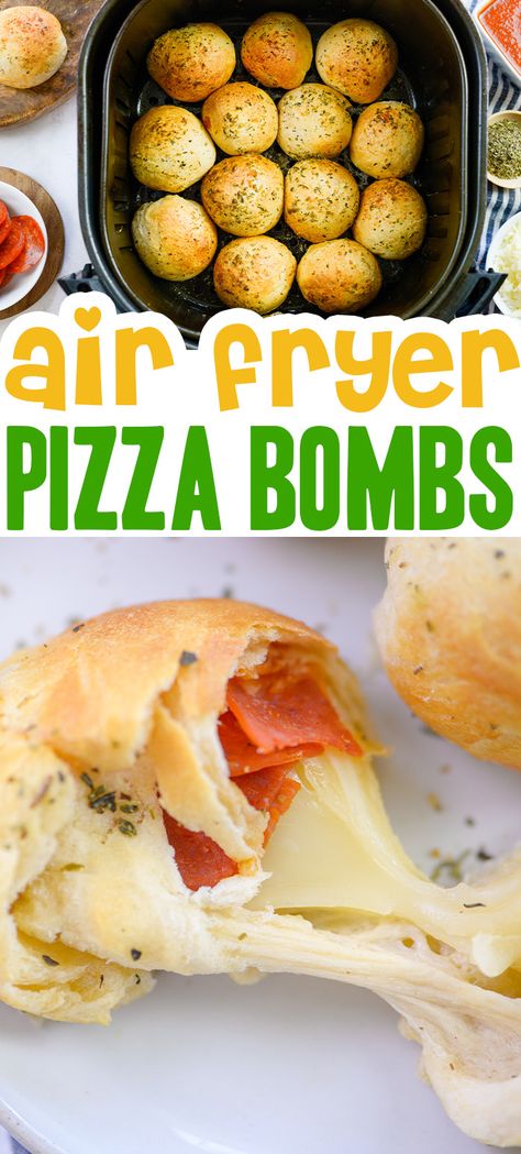 Air Fryer Pizza Dough Balls, Air Fried Pizza Rolls, Pepperoni Pizza Balls, Homemade Pizza Rolls In Air Fryer, Air Fryer Pizza Bombshell, Air Fryer Football Snacks, Air Fried Pizza Bites, Pizza Dough Air Fryer Recipes, Air Fryer Pepperoni Rolls