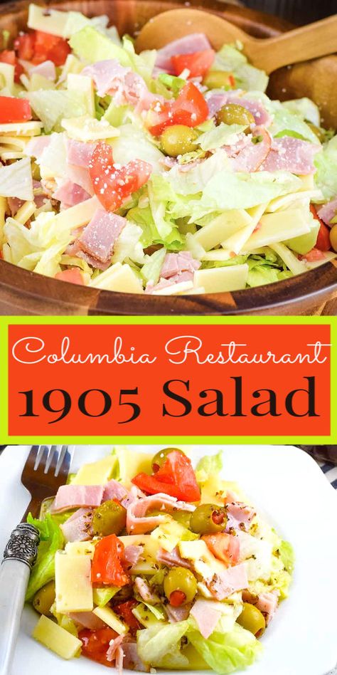 Columbia's 1905 Salad - crisp iceberg lettuce with julienne baked ham, Swiss cheese, tomato, olives, grated Romano cheese and tossed with a garlic vinaigrette dressing. You can enjoy this original made famous by the Columbia Restaurant right at home! #1905salad #columbiasalad #salad Garlic Vinaigrette Dressing, 1905 Salad Recipe, 1905 Salad, Restaurant Salad, Garlic Vinaigrette, Columbia Restaurant, Super Salads, Cheese Tomato, Romano Cheese