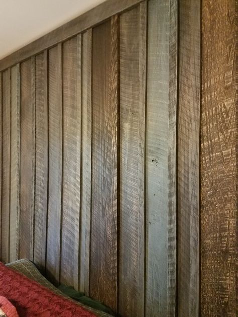 Batten and board accent wall. Rough cut Ash. Painted Log Cabin Interiors, Board Accent Wall, Faux Stone Wallpaper, Wood Interior Walls, Building A Wooden House, Wood Wall Covering, Rough Hewn Wood, Cedar Walls, Log Cabin Interior