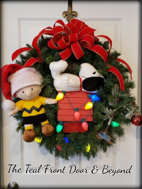 Charlie Brown Christmas wreath Charlie Brown Wreath Christmas, Snoopy Wreath Christmas, Charlie Brown Christmas Wreath, Charlie Brown Christmas Theme, Charlie Brown Christmas Ornaments, Peanuts Christmas Decorations, Snoopy Wreath, Brown Christmas Wreath, Teal Front Door