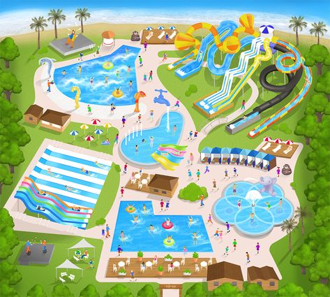 Nurit Benchetrit on Behance Water Park Layout, Bloxburg Waterpark, Amusement Park Plan, Water Park Ideas, Water Resort, Water Park Rides, Pool Drawing, Backyard Water Parks, Public Pool