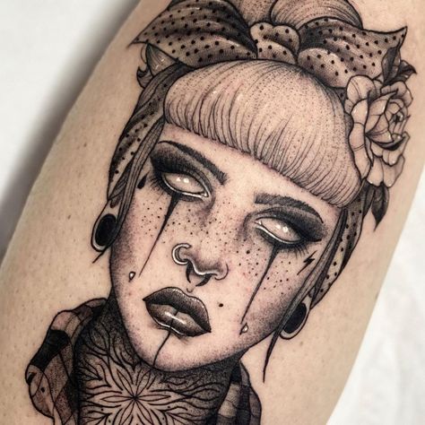 ℍ𝕒𝕪𝕝𝕖𝕪 ℙ𝕝𝕠𝕠𝕤 𝕋𝕒𝕥𝕥𝕠𝕠𝕤 on Instagram: “‘Rockabilly babe’ from a while ago. Thanks for looking You can still make a booking to be placed on a waiting list or reserve a design…” Iv Tattoo, Stippling Tattoo, Occult Tattoo, Tattoo Aesthetic, B Tattoo, Tattoo Portfolio, Dot Work Tattoo, Waiting List, Flower Background