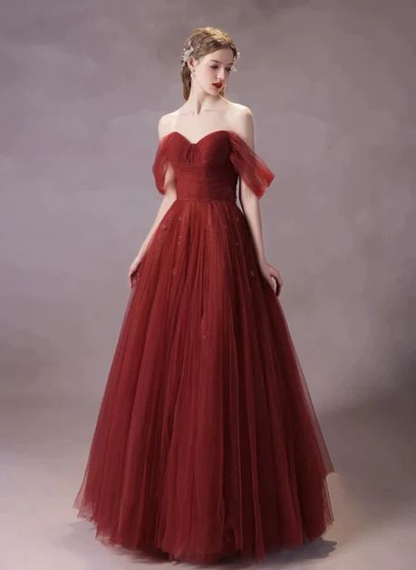 A-line Wine Red Tulle Sweetheart Long Formal Dress, Wine Red Simple Pr – BeautyDressy Transformation Dress, Labyrinth Ball, Off Shoulder Party Dress, Laceup Dress, Burgundy Homecoming Dress, Prom Dress Burgundy, Fantasy Clothes, Elegant Wine, Beaded Party Dress