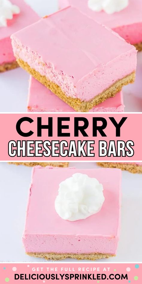 The BEST Cherry Cheesecake Bars! They're a fun summer dessert you'll want to serve up again and again. Flavored with cherry gelatin, this cheesecake bar recipe is an easy Labor Day party food everyone will enjoy! Easy Cherry Cheesecake, Cherry Cheesecake Bars, Cream Cheese Bars Recipe, Best No Bake Cheesecake, Christmas Dessert Ideas, Homemade Cheesecake Recipes, Cherry Cheesecake Recipe, Cheesecake Bar, Holiday Baking List