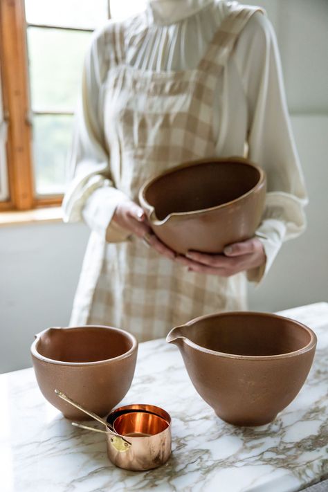 Our Nesting Batter Bowls come in a set of 3 - Small, Medium, & Large, to meet all of your baking needs. Just like our Nesting Bowls, these stack perfectly inside of each other to make storing them a breeze. These are thrown on the wheel, the spouts are formed by hand, and the large bowl's beautiful, organically shaped hand hold is attached to help with stirring. Large 11.25” wide x 5.75” tall Medium 8.25” wide x 4.75” tall Small 6.5” wide x 4” tall Each of our pieces are handmade in Maine, one p Nesting Mixing Bowls, Ceramic Batter Bowl, Small Ceramic Bowls Handmade, Thrown Bowls Pottery, Hand Thrown Bowls, Ceramic Mixing Bowls Handmade, Large Serving Bowl, Knitting Bowls Pottery, Ceramic Mixing Bowl