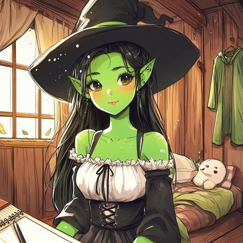 Green Skin Witch Art, Wooden Cabin, Witch Girl, Green Skin, Wooden Cabins, Fantasy Lovers, World Of Fantasy, Halloween Magic, Green Witch