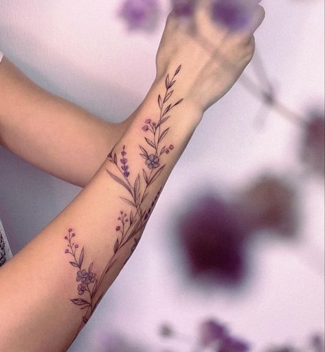 Lilac Tattoo Forearm, Cherry Blossom Arm Wrap Tattoo, Lavender Tattoo Forearm, Lavender Sleeve Tattoo, String Of Hearts Tattoo, Lavender Wrap Around Tattoo, Wisteria Flower Tattoo, Wolfsbane Tattoo, Vine Forearm Tattoo