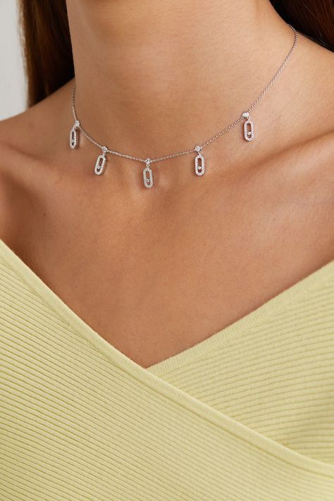 Messika's 'Move Uno' collection is defined by a central diamond which glides freely within a delicate pavé-set charm. The signature design is replicated and showcased in this stunning 'Tassel' choker, which has been handmade from 18-karat white gold. Style yours with an off-the-shoulder top and scarlet lipstick.  Each Messika piece comes with a two-year warranty, which is activated 28 days after purchase. To receive an additional year's warranty, register your piece on Messika's website. Diamond Earring And Necklace Set, Messika Jewelry Aesthetic, Messika Choker, Scarlet Lipstick, Messika Necklace, Messika Move Uno, Messika Jewelry, Minimalist Accessories Jewellery, Gold Diamond Choker