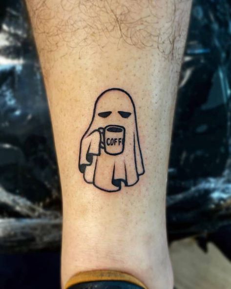 9. Tired ghost Small Coffee Tattoo Ideas, Cool Ghost Drawing, Coffee Lover Tattoo Ideas, Ghost With Coffee Tattoo, Small Coffee Tattoo, Coffee Lover Tattoo, Wired Tattoo, Matching Ghost Tattoos, Ghost Tattoo Ideas