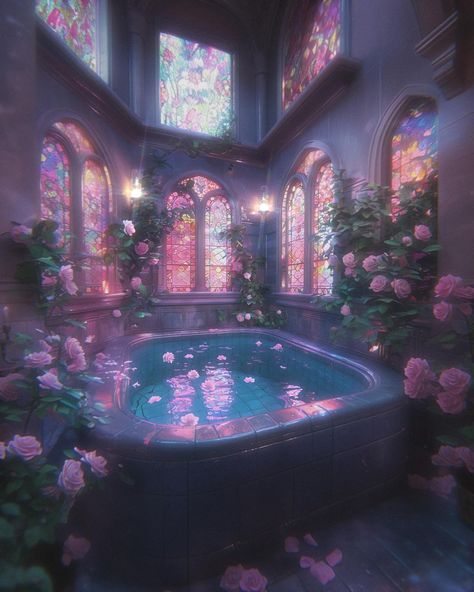 Stained glass window bathrooms and outdoor tubs near waterfalls. Initially this AM, I was creating vampire artworks that still need some TLC, and I thought, well, it’s Saturday… maybe we all just need a long soak in a hot tub.🩷 So, I’m revisiting the bathrooms with a different take. SELF CARE, always ofc, but especially today. Choose your peaceful space 🛁🎀 Take care of yourself & have a k🔪ller Saturday. Xo, Heather . . . . . . . . #stainedglassart #stainedglass #bathroomdesignideas #bathr... Starry Bathroom, Outdoor Tubs, Stained Glass Bathroom, Magical Bathroom, Witchy Bathroom, Purple Castle, Crystal Bathroom, Peaceful Space, Dream Bedroom Inspiration