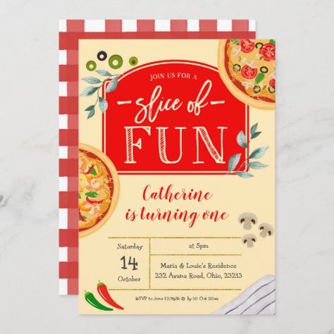 Pizza Birthday Invitations, Third Birthday Pizza Party, Toddler Pizza Party, Pizza Theme First Birthday, Food Themed First Birthday Party, Pizza Party Invite, Pizza Party 1st Birthday, First Birthday Themes Twins, 1st Birthday Pizza Theme