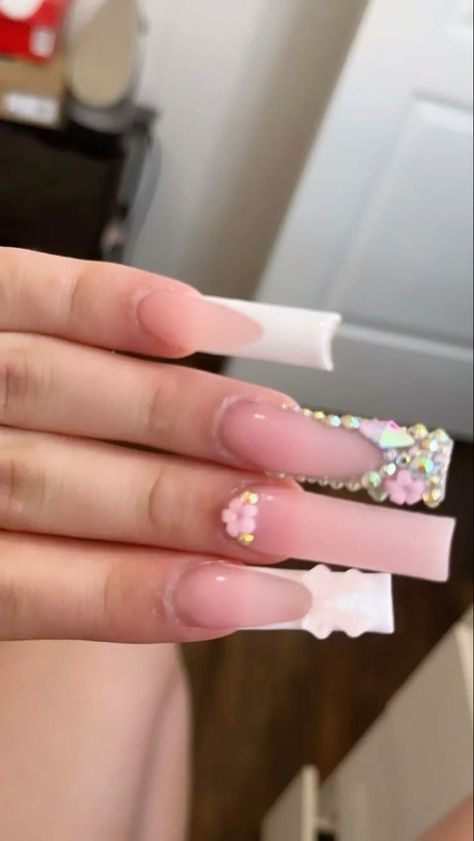 Square Rhinestone Acrylic Nails, Extensions Nails, Kitty Nails, Cow Nails, Acrylic Toe Nails, Girly Acrylic Nails, French Tip Acrylic Nails, Classy Acrylic Nails, Pretty Gel Nails