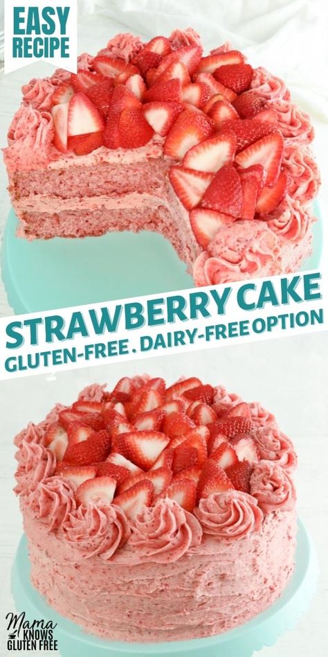 gluten-free strawberry cake on a blue cake plate Gluten Free Strawberry Cake With Jello, Dairy Free Gluten Free Birthday Cake, Dairy Free Strawberry Frosting, Celiac Cake Recipes, Easy Dairy Free Cake Recipe, Gluten And Dairy Free Strawberry Cake, Low Calorie Strawberry Cake, Healthy Strawberry Cake Clean Eating, Gluten Free Strawberry Bundt Cake