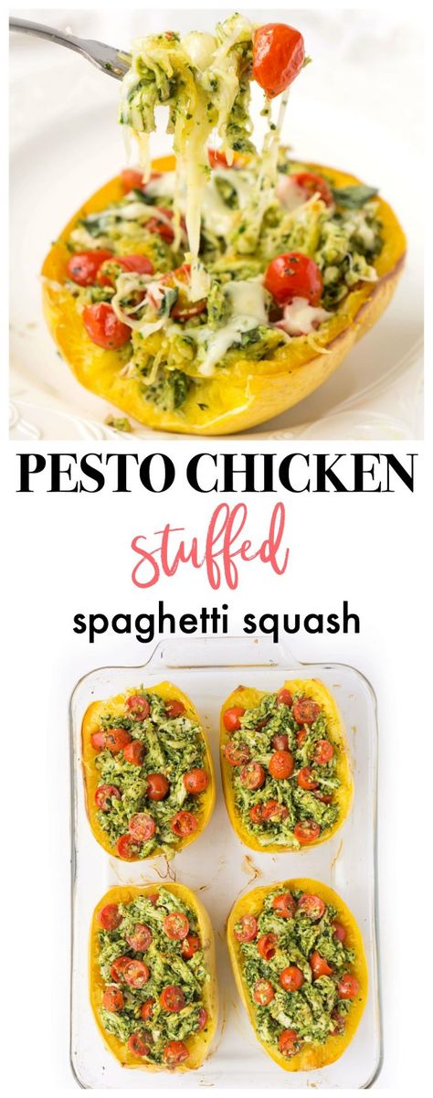 Chicken Stuffed Spaghetti Squash, Easy Pesto Chicken, Meal Prep Paleo, Healthy Squash Recipes, Stuffed Spaghetti Squash, Courge Spaghetti, Chicken Stuffed, Spaghetti Squash Recipes, Chicken Spaghetti Squash