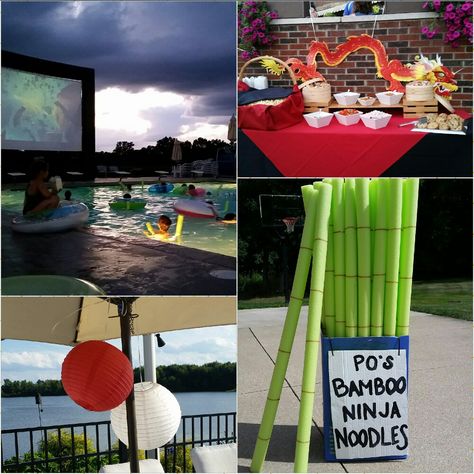 Kung Fu Panda 2 Pool Party. Bamboo Ninja pool noodles (sharpie). Popcorn candy bar, with takeout containers as bowls. Fortune cookies. Paper lanterns in red and white with balloon lights inside. Very simple decorations, but a huge hit! #kungfupanda2 #ninja #kungfupandaparty Kung Fu Panda Decorations, Kung Fu Panda Party Decoration, Kung Fu Panda Party Ideas, Panda Pool Party, Kung Fu Panda Birthday Party, Popcorn Candy Bar, Kung Fu Panda Party, Panda Themed Party, Panda Decorations