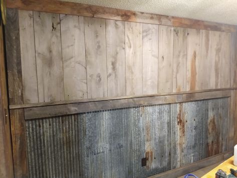 Tin And Shiplap Walls, Galvanized Metal Siding, Steel Wainscoting Ideas, Metal Siding Interior Walls, Tin Accent Wall Kitchen, Rustic Metal Wall, Metal And Shiplap Walls, Metal And Wood Walls, Interior Wall Siding Ideas