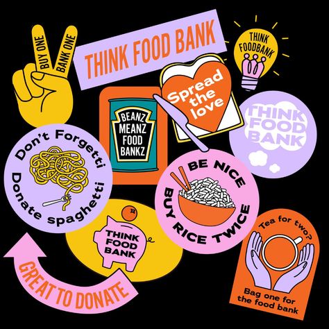 Bank Campaign, Food Poverty, Sticker Design Inspiration, Brand Stickers, Think Food, Food Stickers, Food Bank, Graphic Design Fun, Badge Design