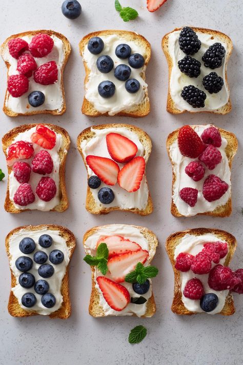 Simple yet impressive, these roasted berry and ricotta crostini are a perfect appetizer for parties and brunches, breakfast or a light snack. With roasted assorted fresh berries – strawberries, blueberries, and raspberries – honey sweetened ricotta and crispy bread, they are hard to resist. Vegetarian with dairy free option. This toast is not only delicious but also visually appealing, making it a perfect addition to your morning routine. Berry Toast, Ricotta Crostini, Blueberries And Raspberries, Crispy Bread, Impressive Appetizers, Banana Toast, Raspberry Recipes, Strawberries Blueberries, Cheesy Bread