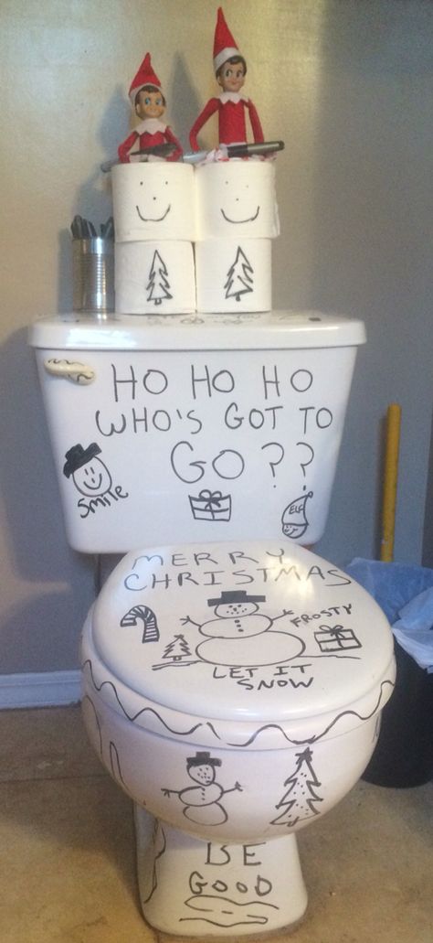 Toilet Drawing, Shelf Toilet, Snowflakes Drawing, Awesome Elf On The Shelf Ideas, Over The Toilet, Elf Antics, Fruity Pebbles, Dry Erase Markers, Baby Cold