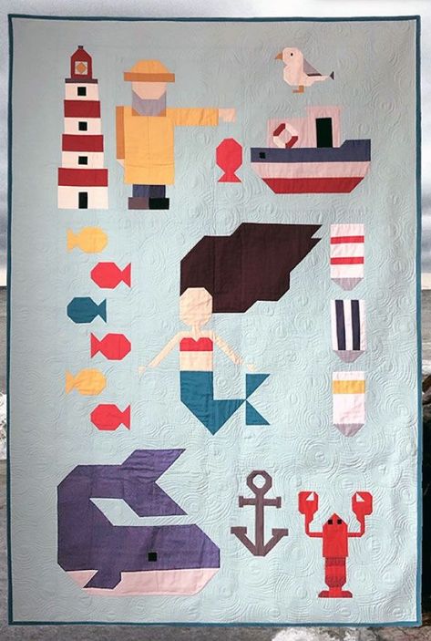 The pattern includes complete instructions for making a 50” x 68” quilt (as seen on the cover) or individual blocks for smaller projects. #quiltpatterns #quiltspatterns #quiltideas #quiltingpatterns Nautical Quilt Pattern, Nautical Quilts Ideas, Ocean Quilts Ideas, Boat Quilt, Coastal Quilts, Kid Quilts Patterns, Ocean Quilt, Nautical Quilt, Fish Quilt