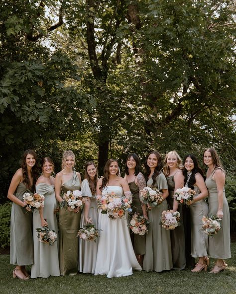 Mix Match Bridesmaid Dresses Olive, Neutral Green Wedding Colors, Olive Green Mixed Bridesmaid Dresses, Green And Neutral Bridesmaid Dresses, Bridal Party In Green, Mixed Sage Bridesmaid Dresses, Multi Color Green Bridesmaid Dresses, Earthy Green Bridesmaid Dresses, Earth Tones Bridesmaid Dresses