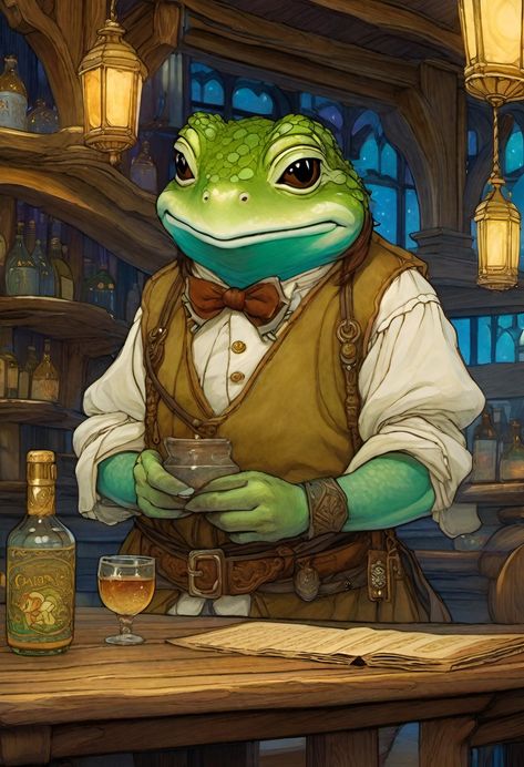 Bullywug Character Design, Dnd Octopus Race, Goblin Bartender, Dnd Tavern Keeper Art, Frog People Dnd, Fish Folk Dnd, Bartender Fantasy Art, Tavern Character Design, Bartender Character Art