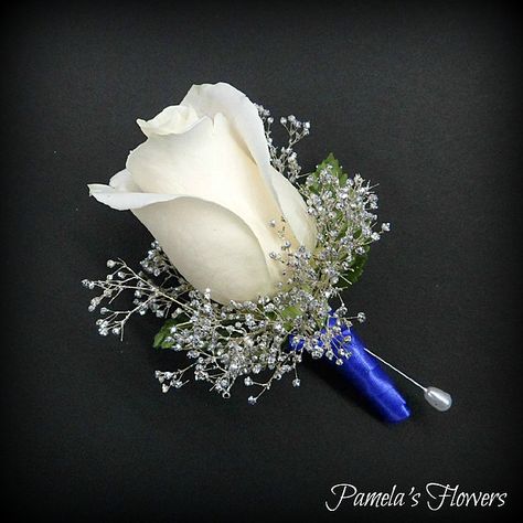 Prom Flowers Bouquet, Homecoming Flowers, Prom Corsage, Wedding Color Trends, Corsage And Boutonniere, Royal Blue Wedding, Corsage Prom, Babies Breath, Prom Flowers