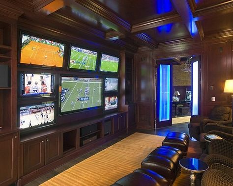 Multiple tvs Man Cave Designs, Sala Cinema, Sports Man Cave, Man Cave Design, Media Room Design, Ultimate Man Cave, Man Cave Room, Recreational Room, Man Cave Basement