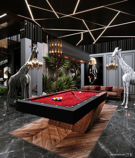 Luxury Interior designed by Tarek Kharbotly #bditalia #dubai #tarek #kharbotly #bditaliadubai #luxury #interior #luxuryinterior #dubaiinterior #dubailiving @luxurydubai Luxury Billiard Room, Luxurious Basement, Luxury Salon Interior Design, Luxury Game Room, Entertainment Rooms, Snooker Room, Decorative Trees, Pool Table Room, Billiards Room