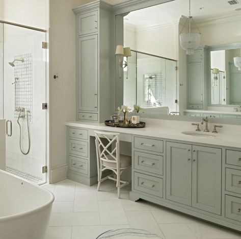 Bathrooms With Tower Cabinets, Bathroom With Built In Vanity, Bathroom Vanity Makeup Station, Bathroom Vanity With Makeup Area, Coastal Bathroom Vanity, Built In Bathroom Storage, Master Bath Sink, French Eclectic, Master Suite Design